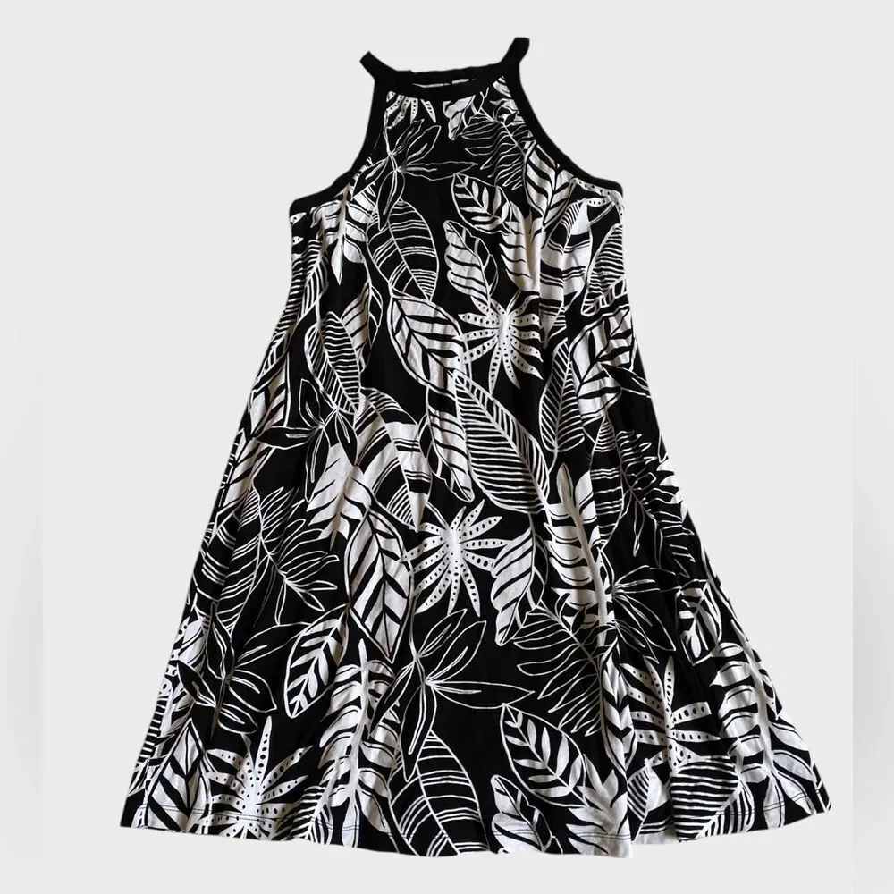 Old Navy Sleeveless Jersey-Knit Swing Dress Women's Size S Tropical Leaf Beach
